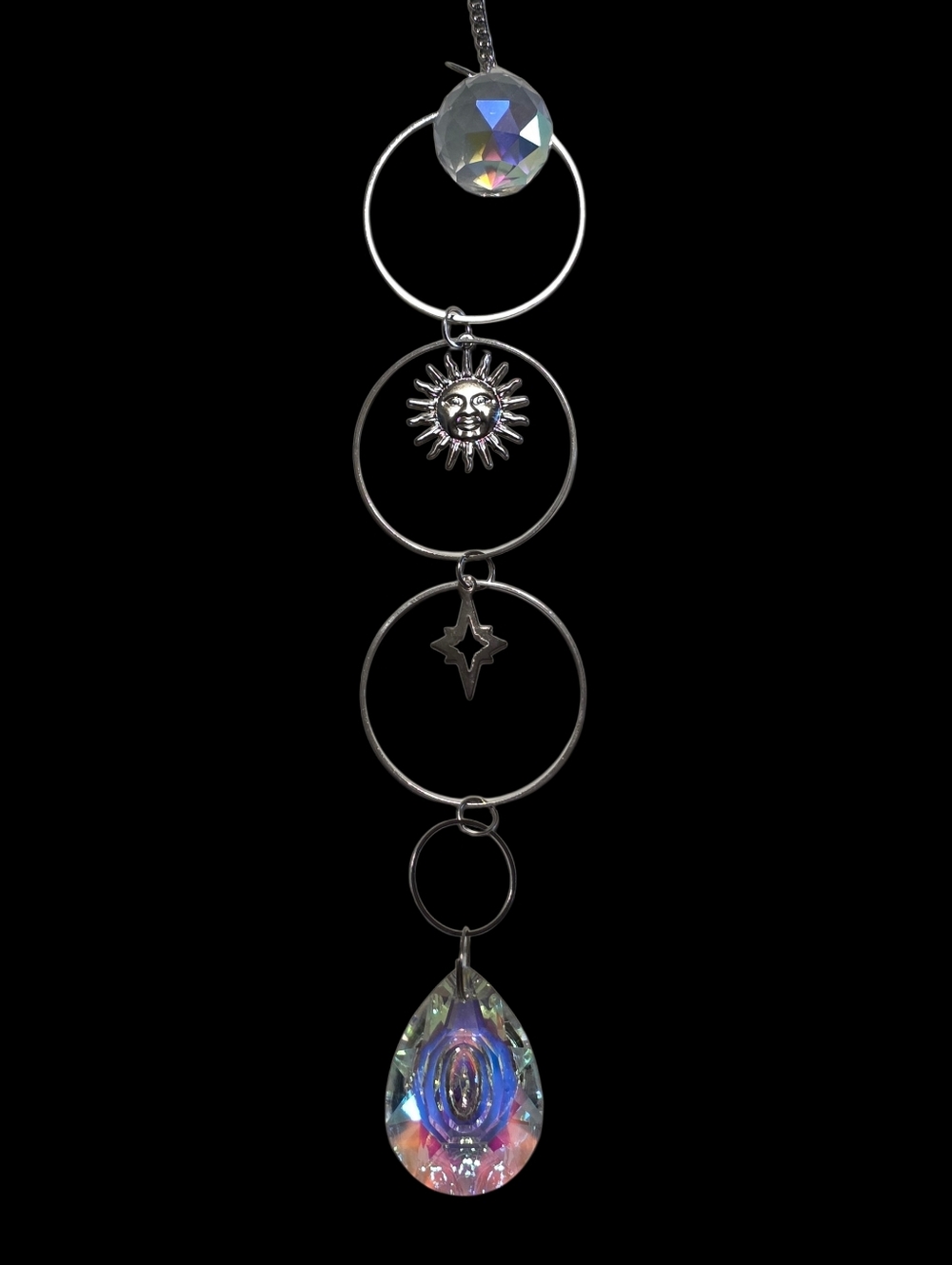 16 Inch Iridescent Crystal Hanging Silver Metal Suncatcher Decorative Home Decor - Picture 2 of 5
